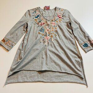 Johnny Was Embordered Blouse Top Tunic Floral Cotton Bohemian V Neck Cottagecore